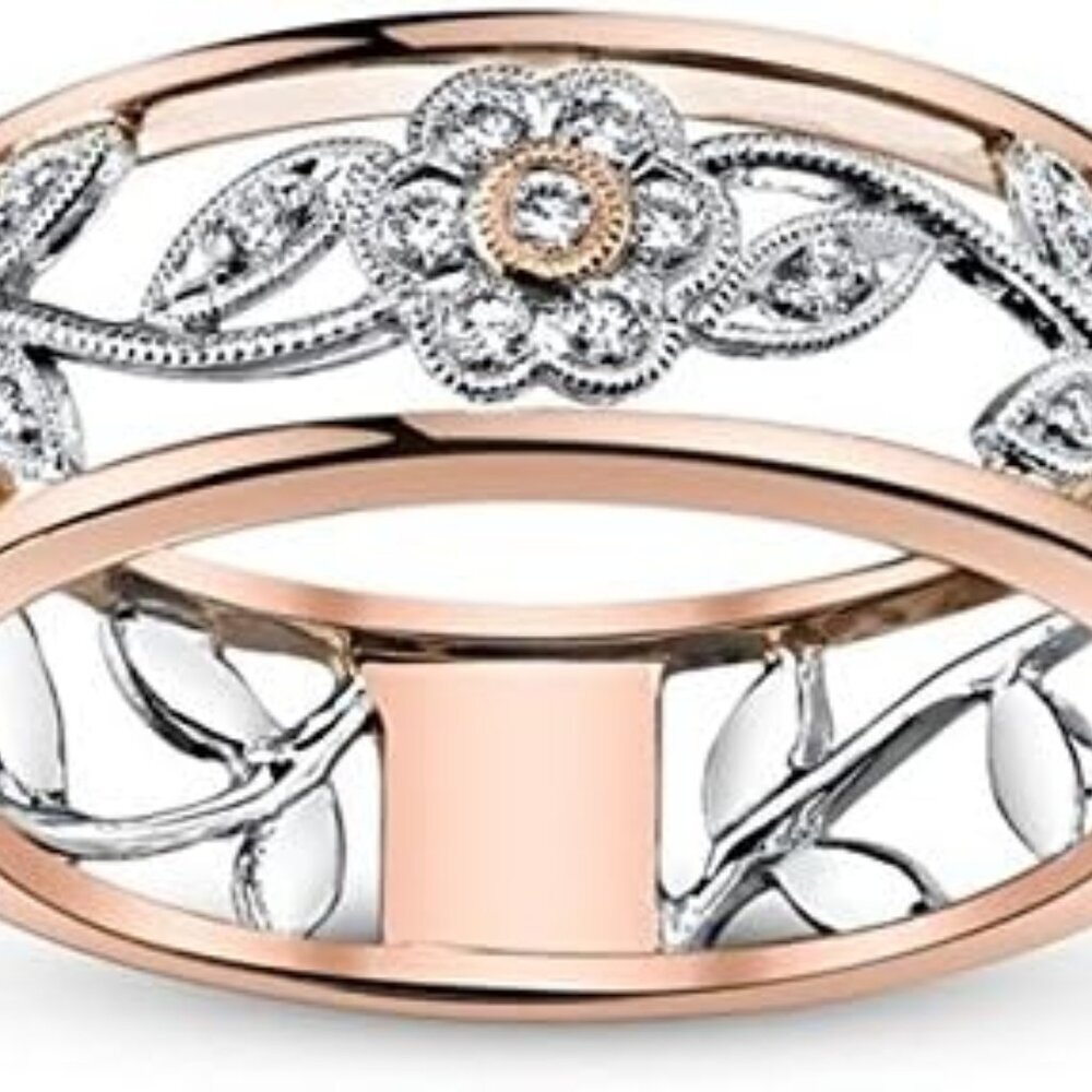 Exquisite Women's 925 Sterling Silver Floral Ring Proposal Gift Two Tone Diamond